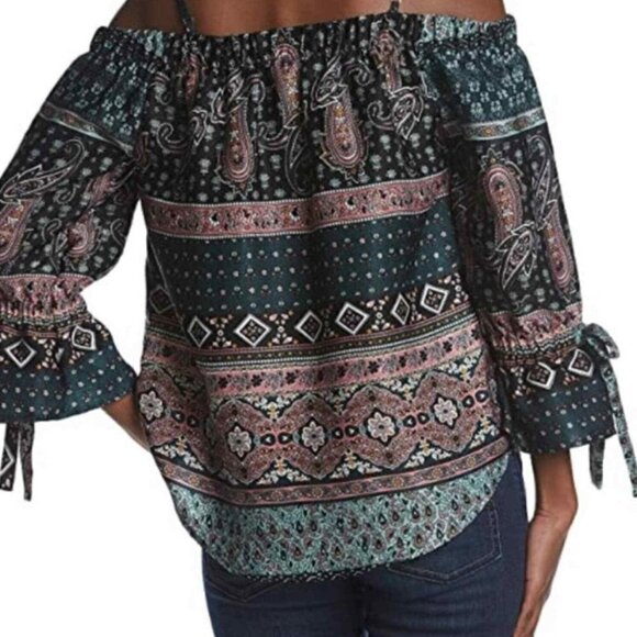 A. BYER OFF THE SHOULDER CHIFFON PATTERN BLOUSE (SIZE M) - Picture 3 of 9